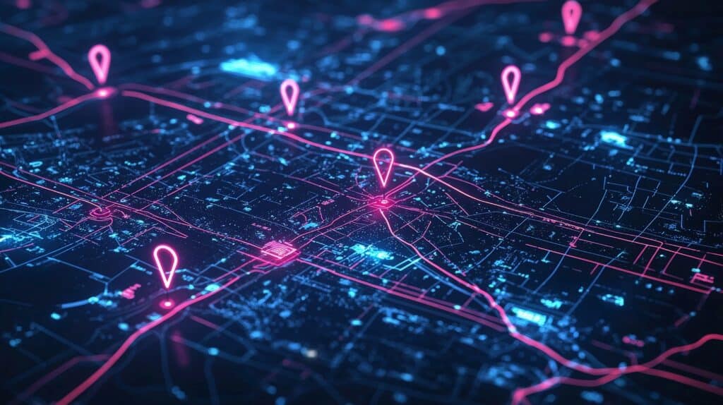 Digital map showing connected safety points and location pins for industrial safety.