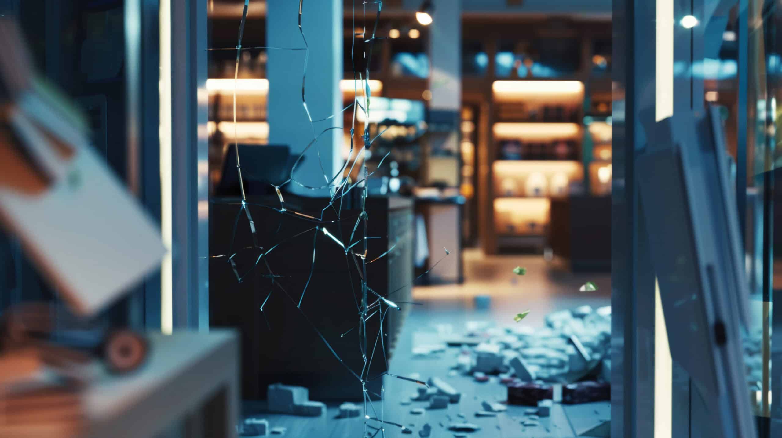 Broken glass and damage in a retail store after an incident.