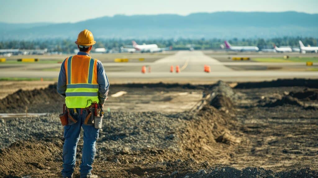 construction site at an airport with worker in hard hat