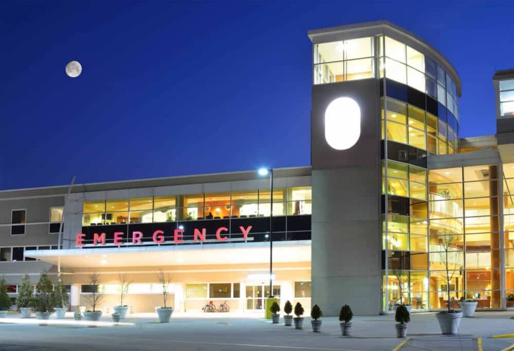 Emergency room building at night