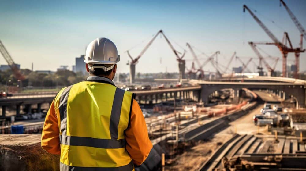 Construction worker overlooking large job site