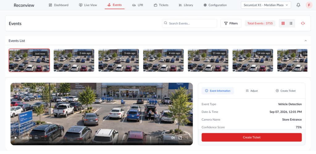 Sparix Ai Events screen of retail parking lot