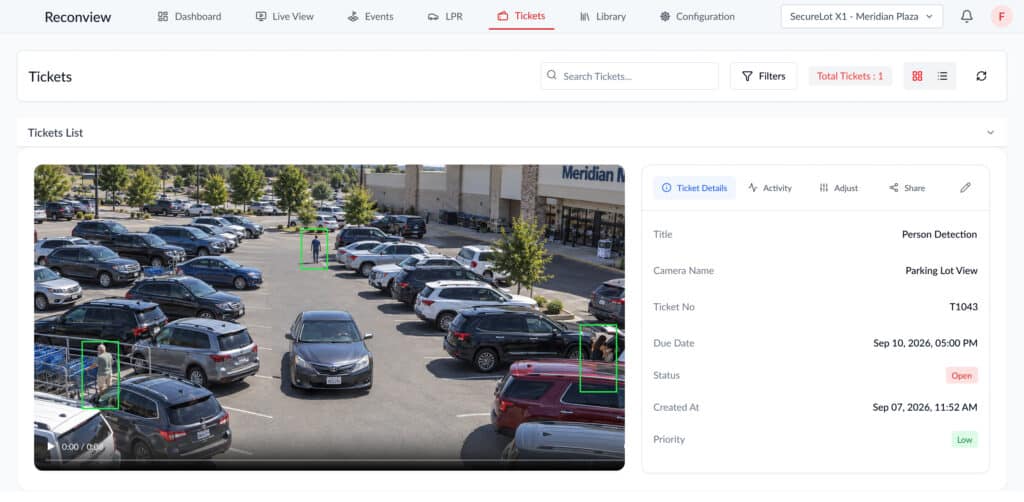 Sparix Ai Tickets screen showing retail parking lot